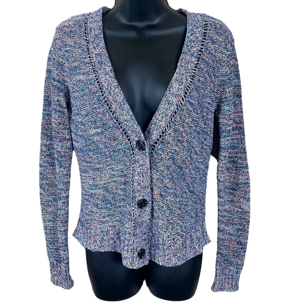 EUC American Eagle short button cardigan, pink and blue knit, size small.